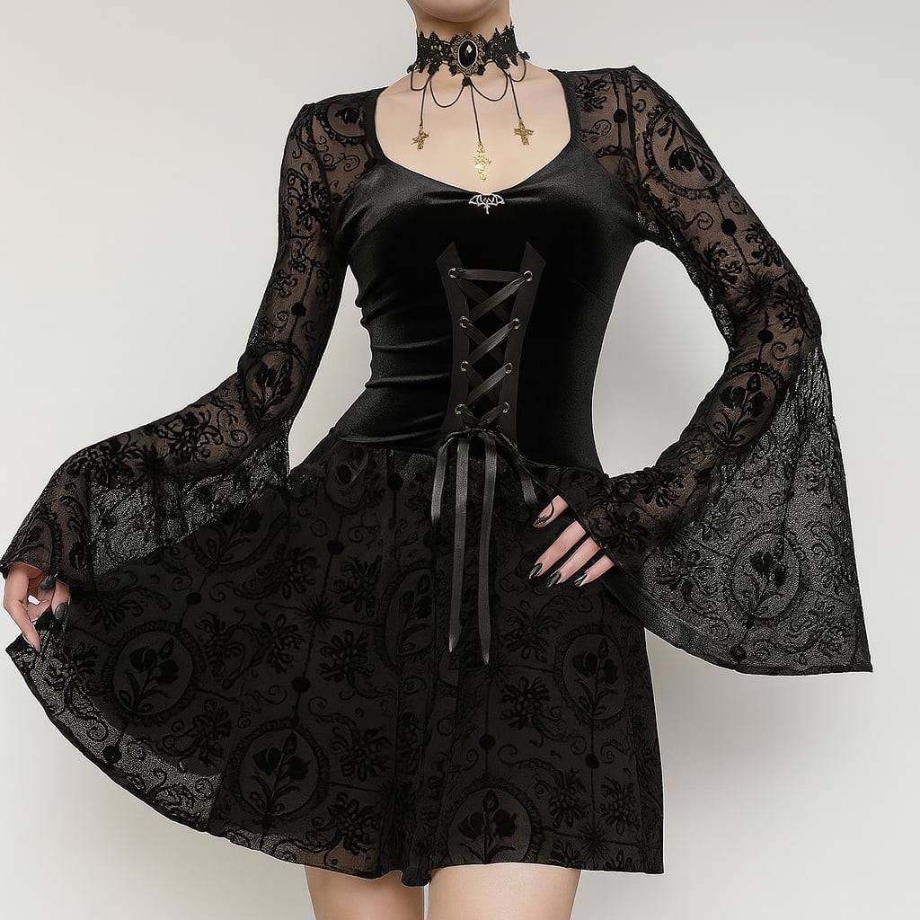 Velvet Dress with Lace Bell Sleeves and Corset, Everyday Version Velvet Dress with Lace Bell Sleeves and Corset, Everyday Version — Elegant Gothic Outfits