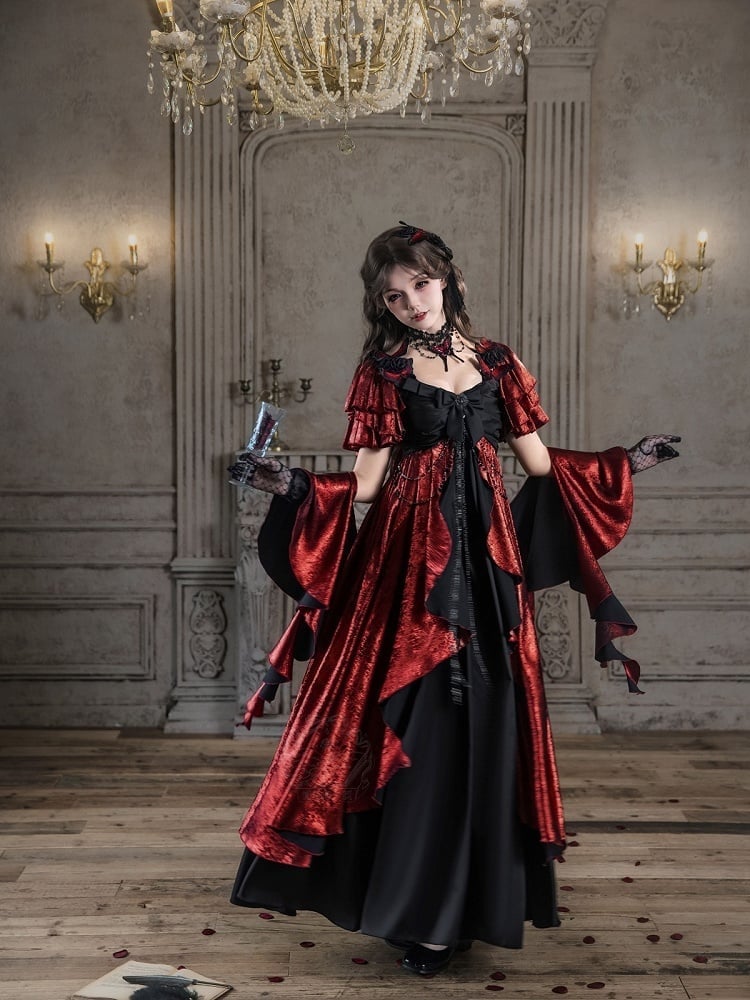 Empire Waist Dress with Cascading Red Ruffles Empire Waist Dress with Cascading Red Ruffles — Elegant Gothic Outfits