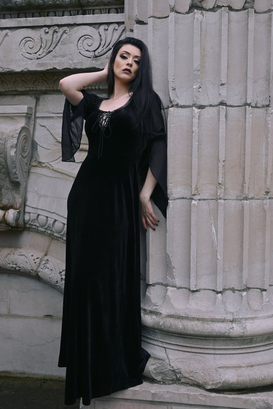 Black Velvet Maxi Dress with Lace-Up Front Black Velvet Maxi Dress with Lace-Up Front — Elegant Gothic Outfits