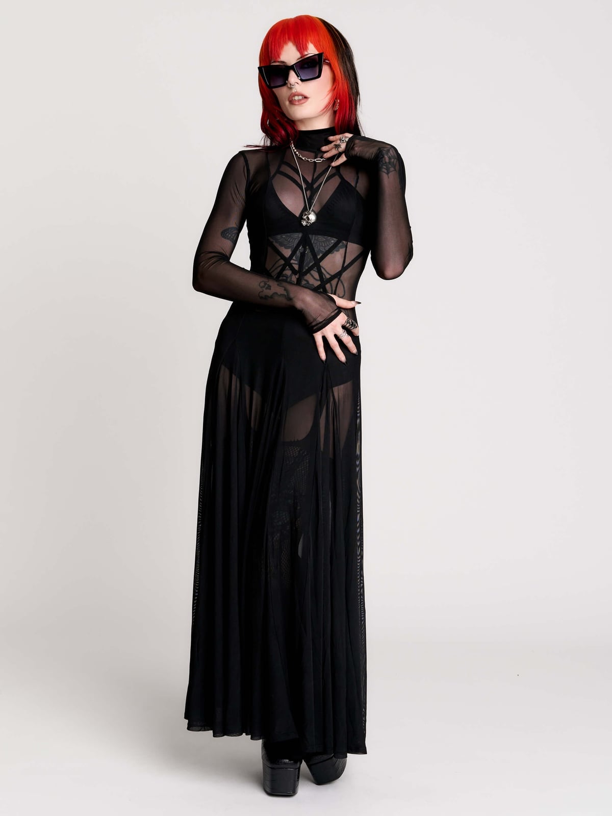 Sheer Mesh Maxi Dress with Star Bustier Sheer Mesh Maxi Dress with Star Bustier — Elegant Gothic Outfits