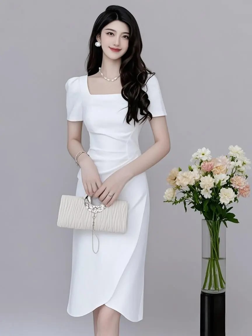 Midi Simple Casual Korean Dress 3325 White Plus Size Short Sleeve Dress Summer Midi Dress For