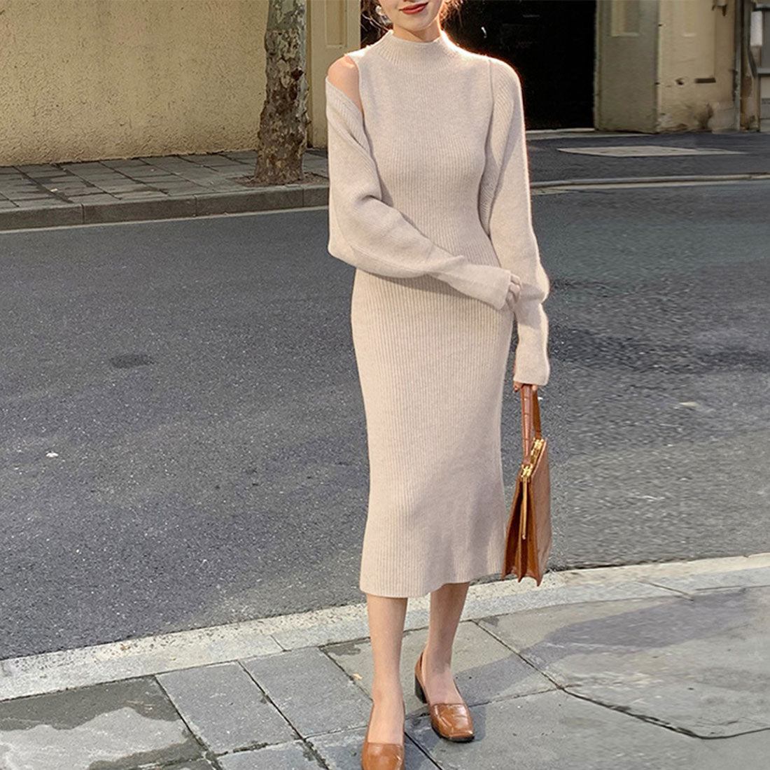 Beige Ribbed Knit Cold-Shoulder Dress With Brown Low Heel Pumps — Elegant Korean Outfits