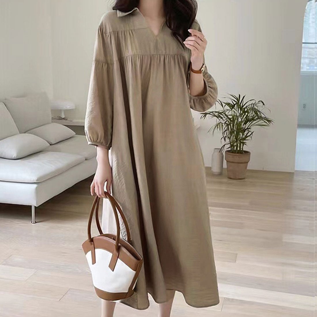 Beige Linen-Blend Relaxed Shirt Dress — Elegant Korean Outfits
