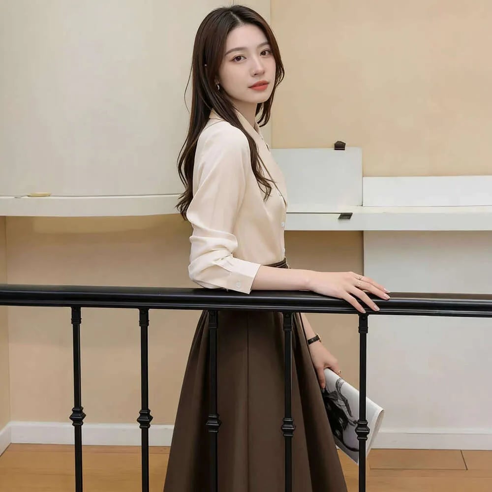 Cream Shirt with Brown Pleated Midi Skirt — Elegant Korean Outfits
