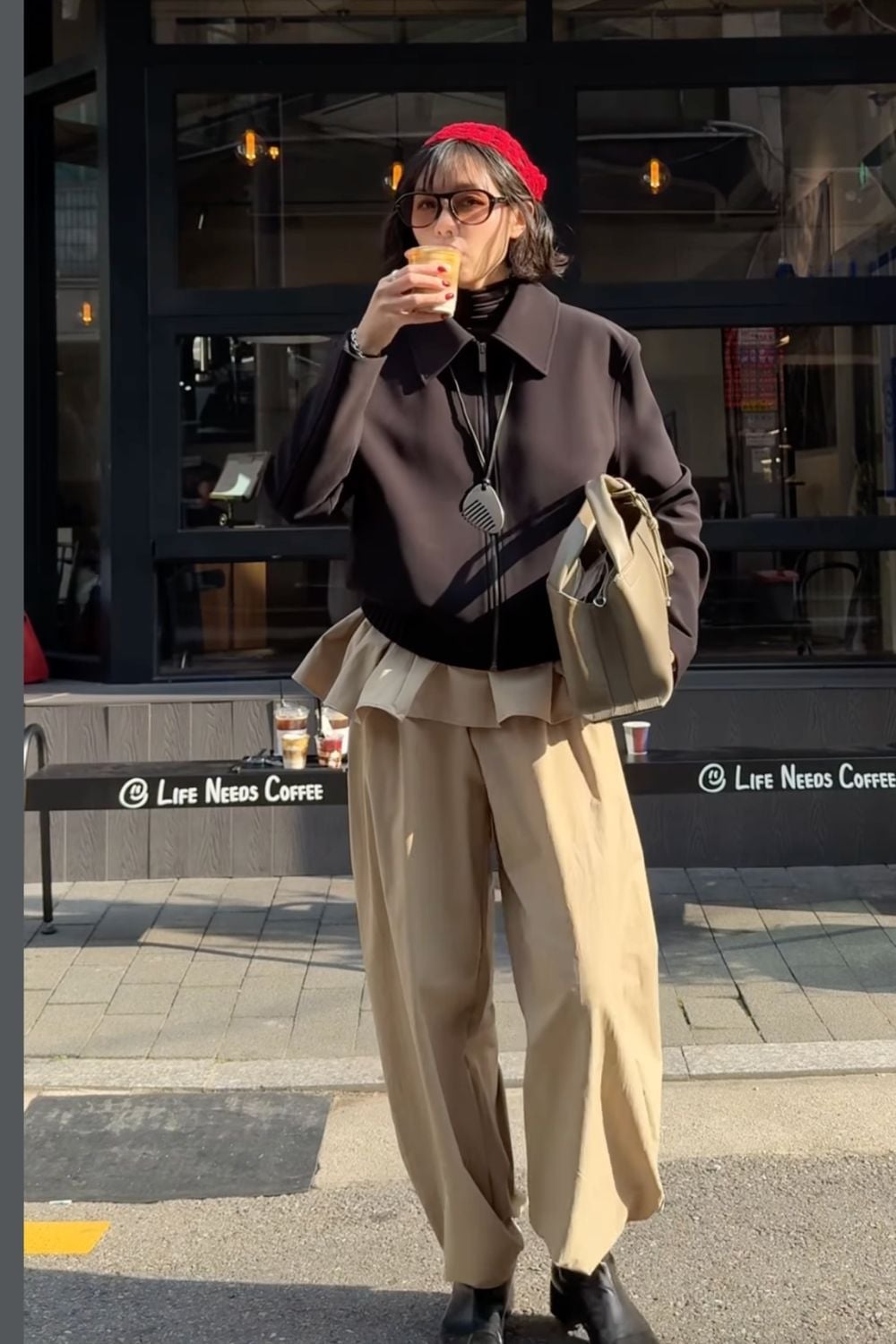 Black Jacket with Peplum Top and Tan Trousers — Elegant Korean Outfits