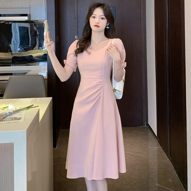 Pink Ruched Asymmetrical Midi Dress — Elegant Korean Outfits