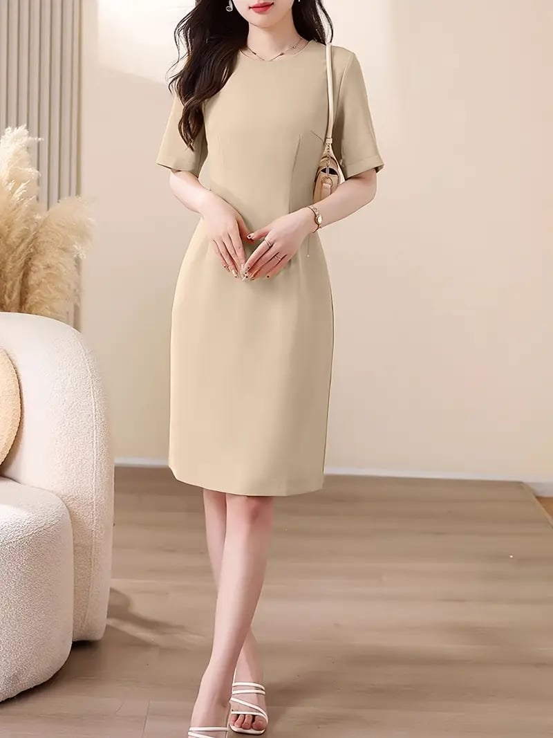 Neutral Beige Sheath Dress — Elegant Korean Outfits