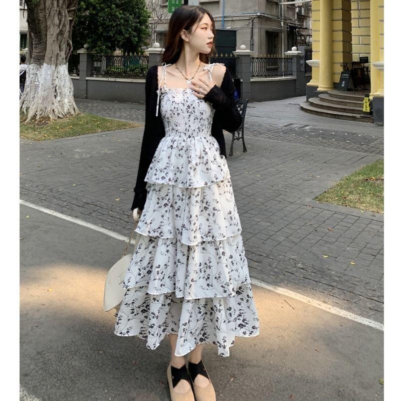 White Tiered Floral Dress with Black Cardigan — Elegant Korean Outfits