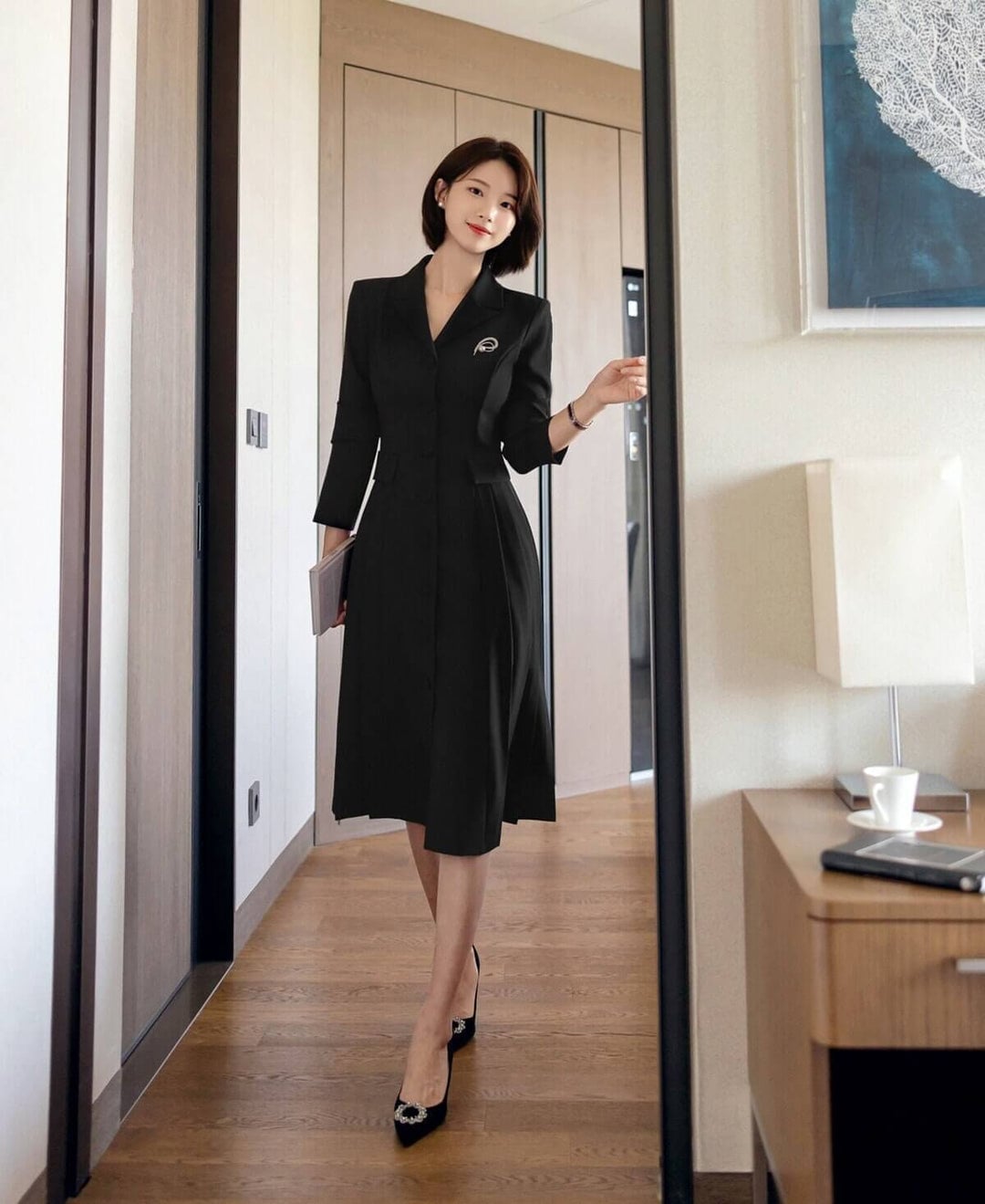 Tailored Black Blazer Dress — Elegant Korean Outfits