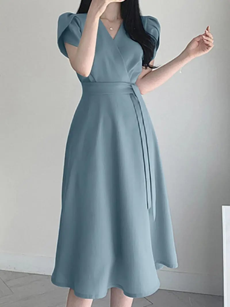 Dusty Blue Wrap Midi Dress — Elegant Korean Outfits