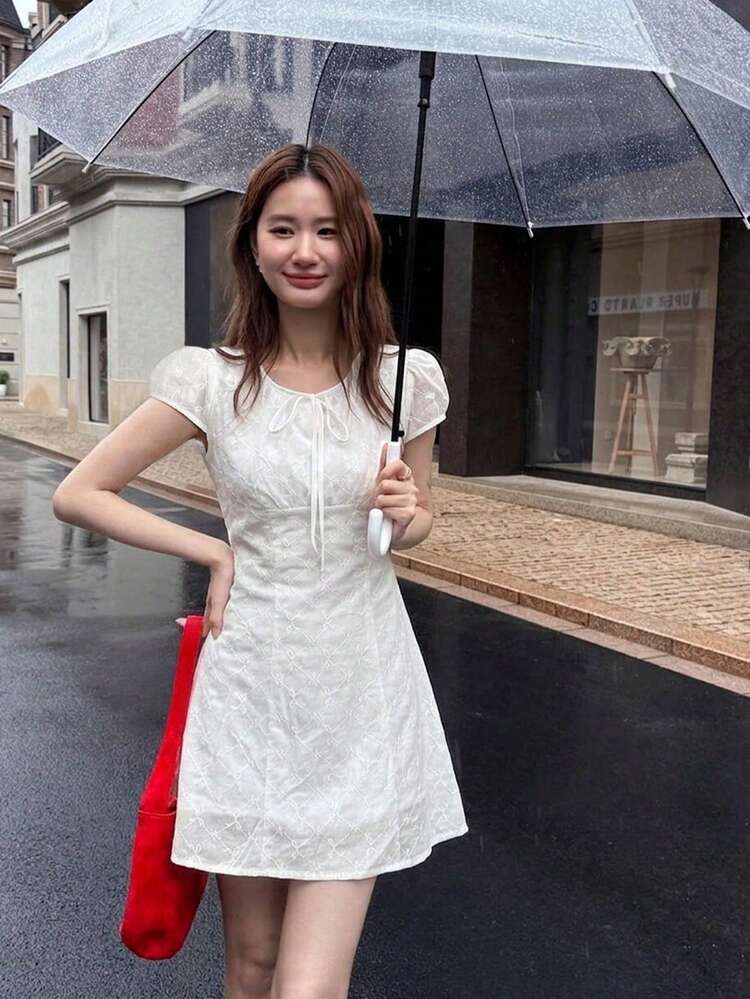 White Lace A-Line Dress with Tie Neck — Elegant Korean Outfits