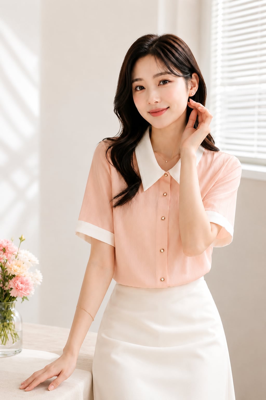 Peach Blouse with White Skirt — Elegant Korean Outfits