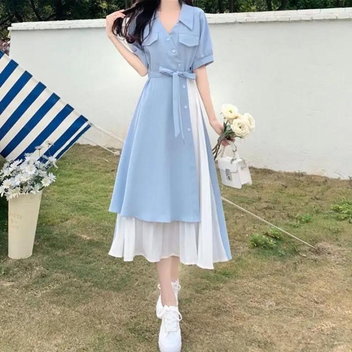 Light Blue Belted Midi Dress with White Underskirt — Elegant Korean Outfits