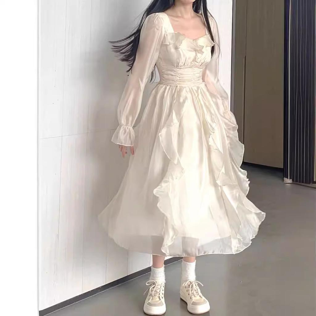 Ivory Organza Ruffled Midi Dress — Elegant Korean Outfits