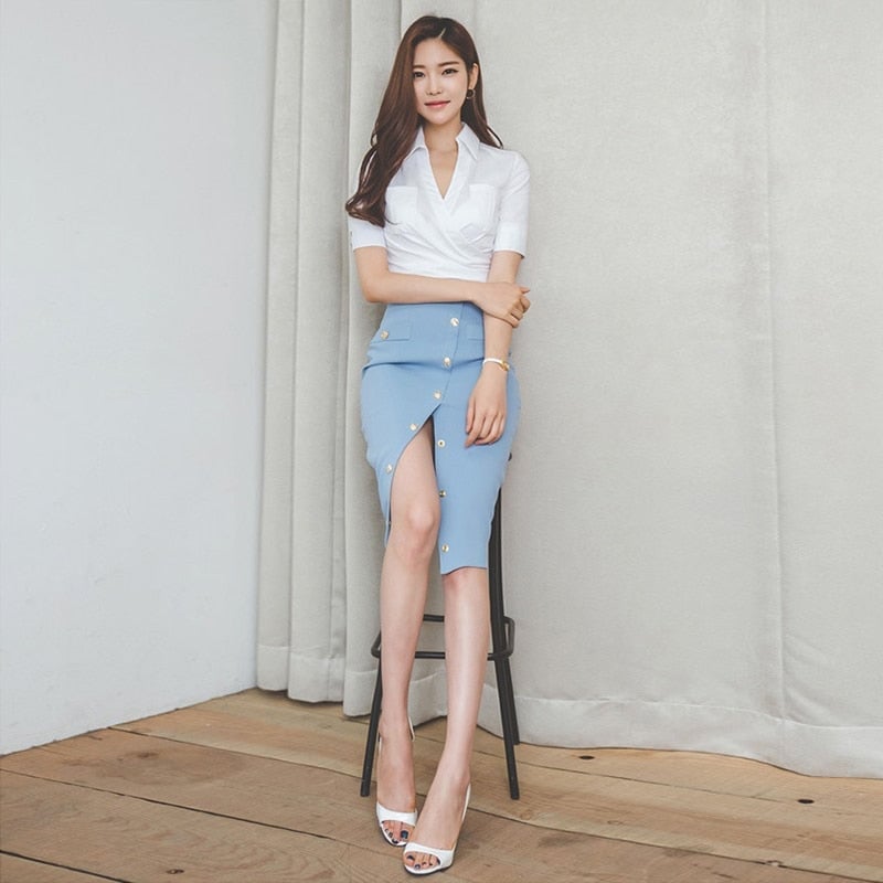 White Wrap Blouse and Light Blue Pencil Skirt — Elegant Korean Outfits