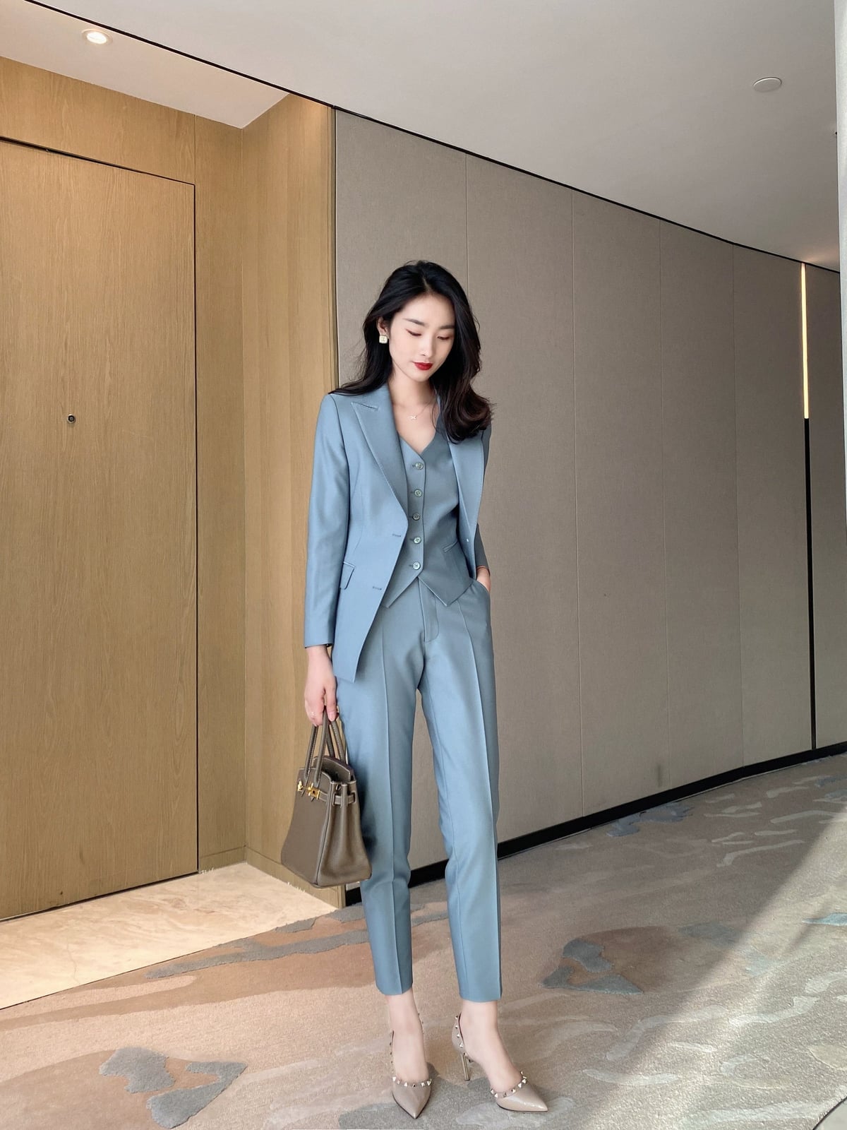 Light Blue Three-Piece Suit — Elegant Korean Outfits