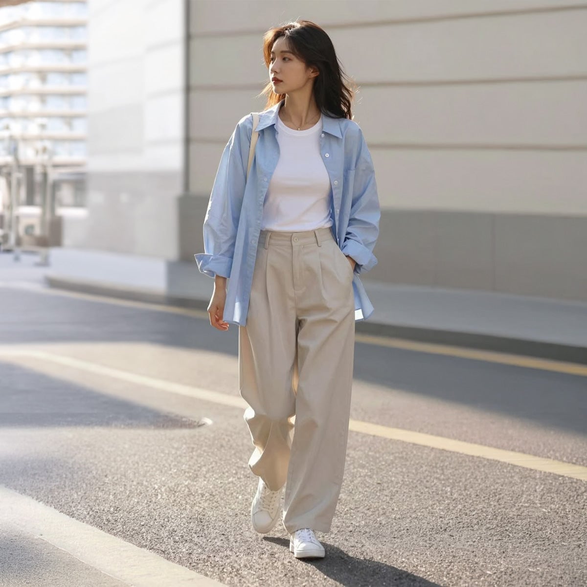 Oversized Blue Shirt and Beige Trousers — Elegant Korean Outfits