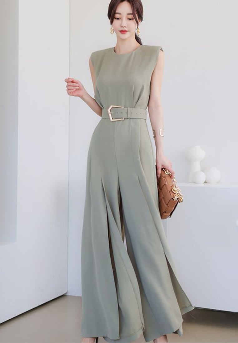 Muted Green Sleeveless Jumpsuit With Lightweight Flowing Fabric — Elegant Korean Outfits