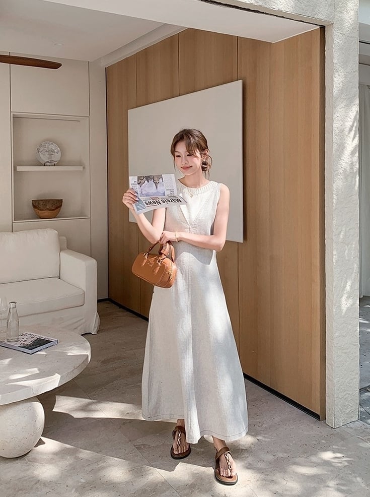 Light Blue Denim-Like Maxi Dress With Brown Flat Sandals — Elegant Korean Outfits