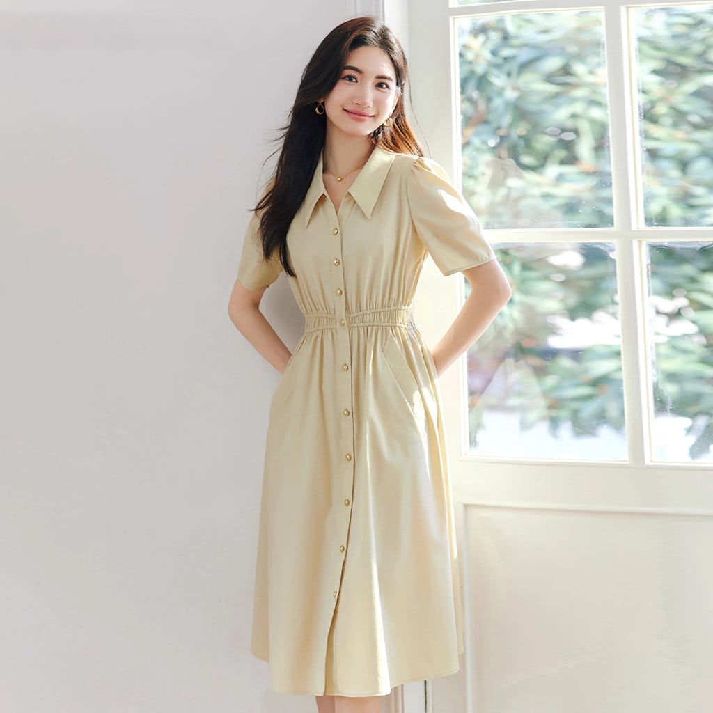 Beige Collared Button-Down Midi Dress, Close-Up Take — Elegant Korean Outfits