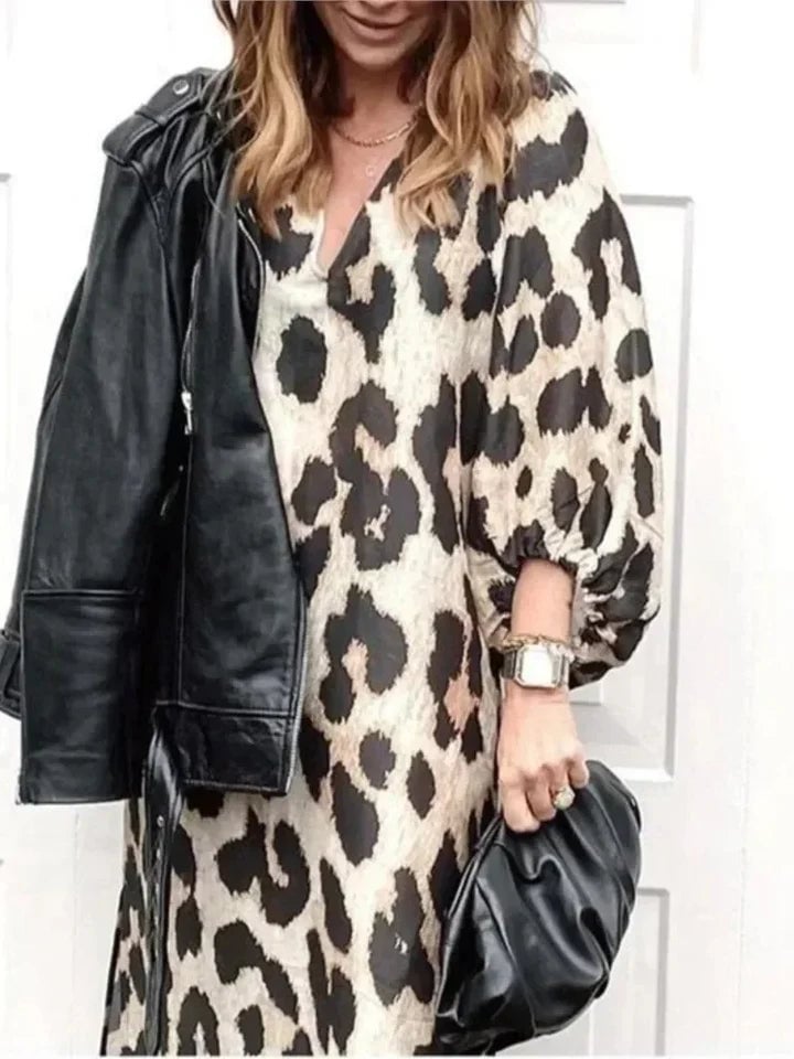 Loose Leopard Print Dress with Leather Jacket Loose Leopard Print Dress with Leather Jacket — Elegant Leopard Print Outfits