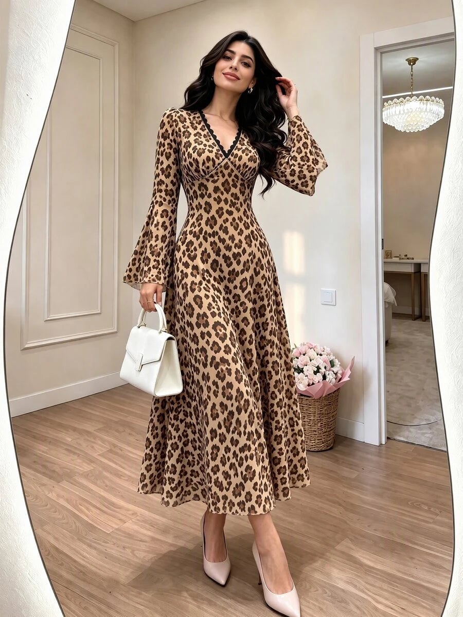 Chiffon Midi Dress with Flared Sleeves Chiffon Midi Dress with Flared Sleeves — Elegant Leopard Print Outfits