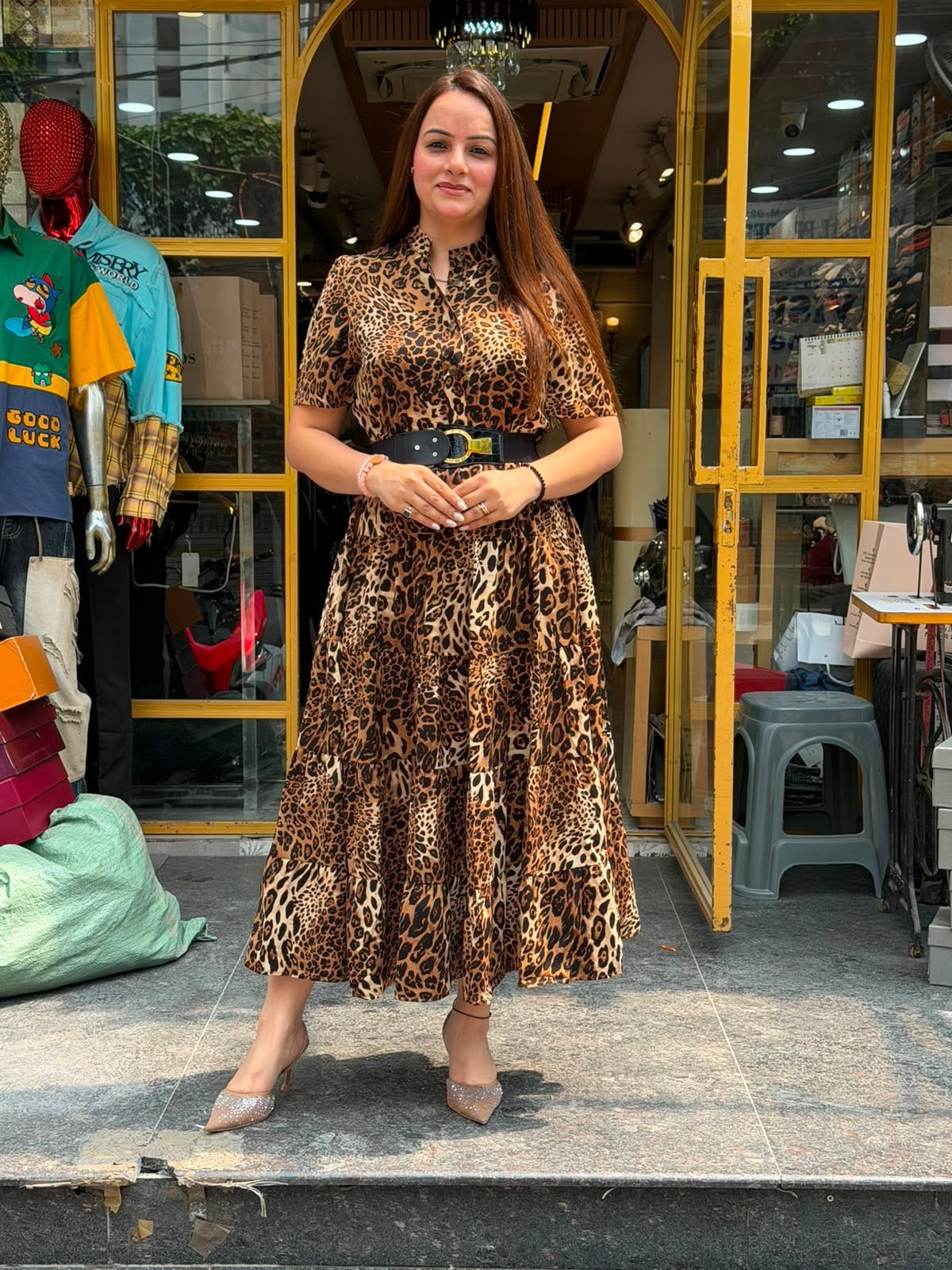 Fit and Flare Midi Dress with Sparkly Heels Fit and Flare Midi Dress with Sparkly Heels — Elegant Leopard Print Outfits