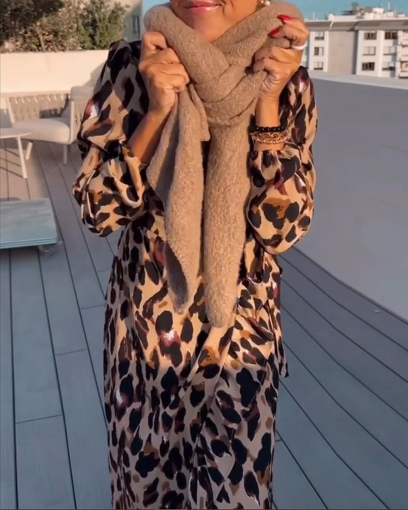 Relaxed A-Line Dress with Knit Scarf Relaxed A-Line Dress with Knit Scarf — Elegant Leopard Print Outfits