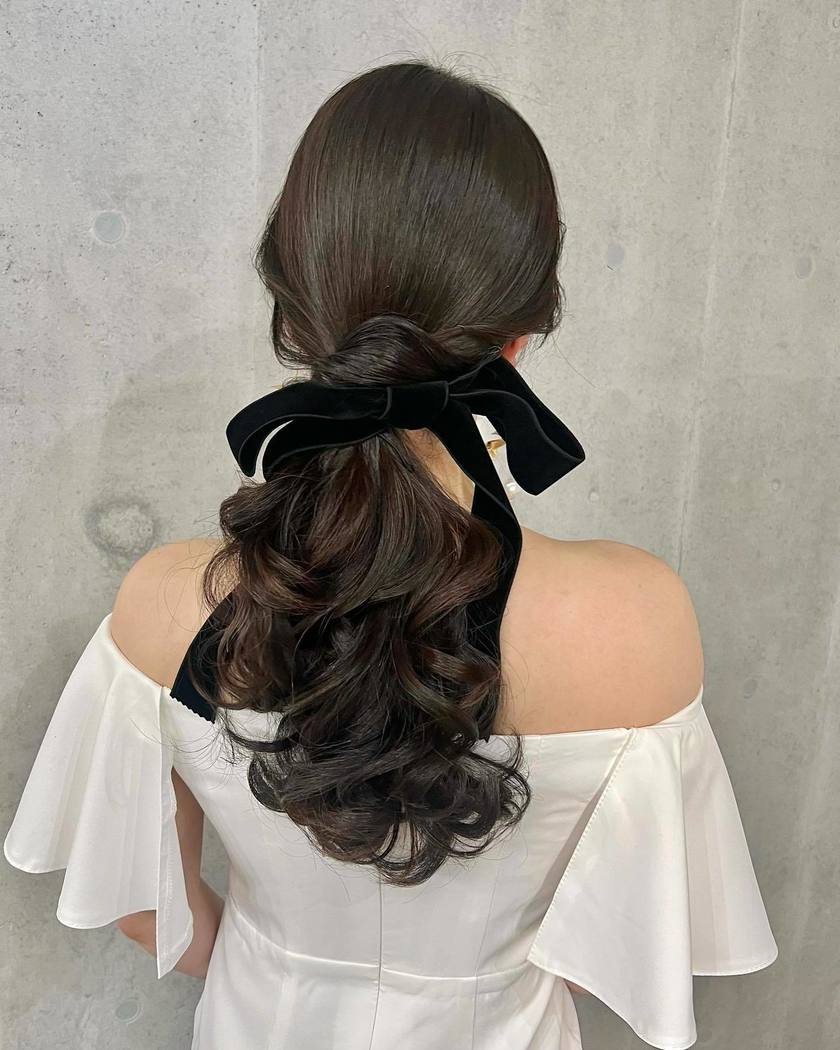 Mid-Back Dark Brown Ponytail With Velvet Bow Mid-Back Dark Brown Ponytail With Velvet Bow — Elegant Low Ponytail Hairstyles