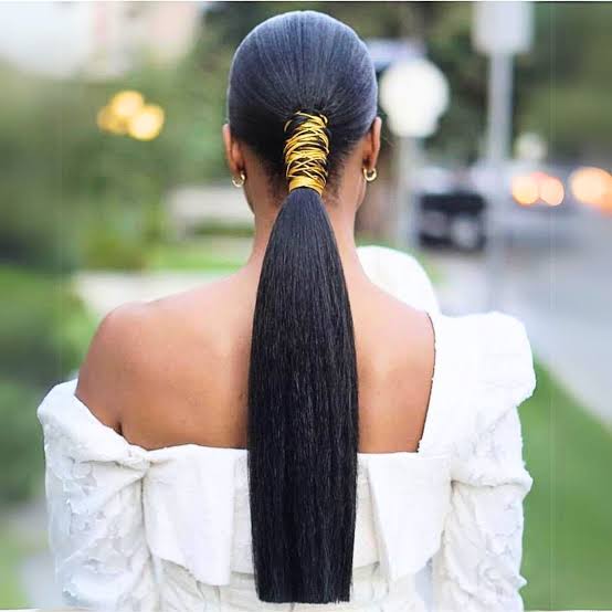 Sleek Straight Black Ponytail With Gold Ribbon Sleek Straight Black Ponytail With Gold Ribbon — Elegant Low Ponytail Hairstyles