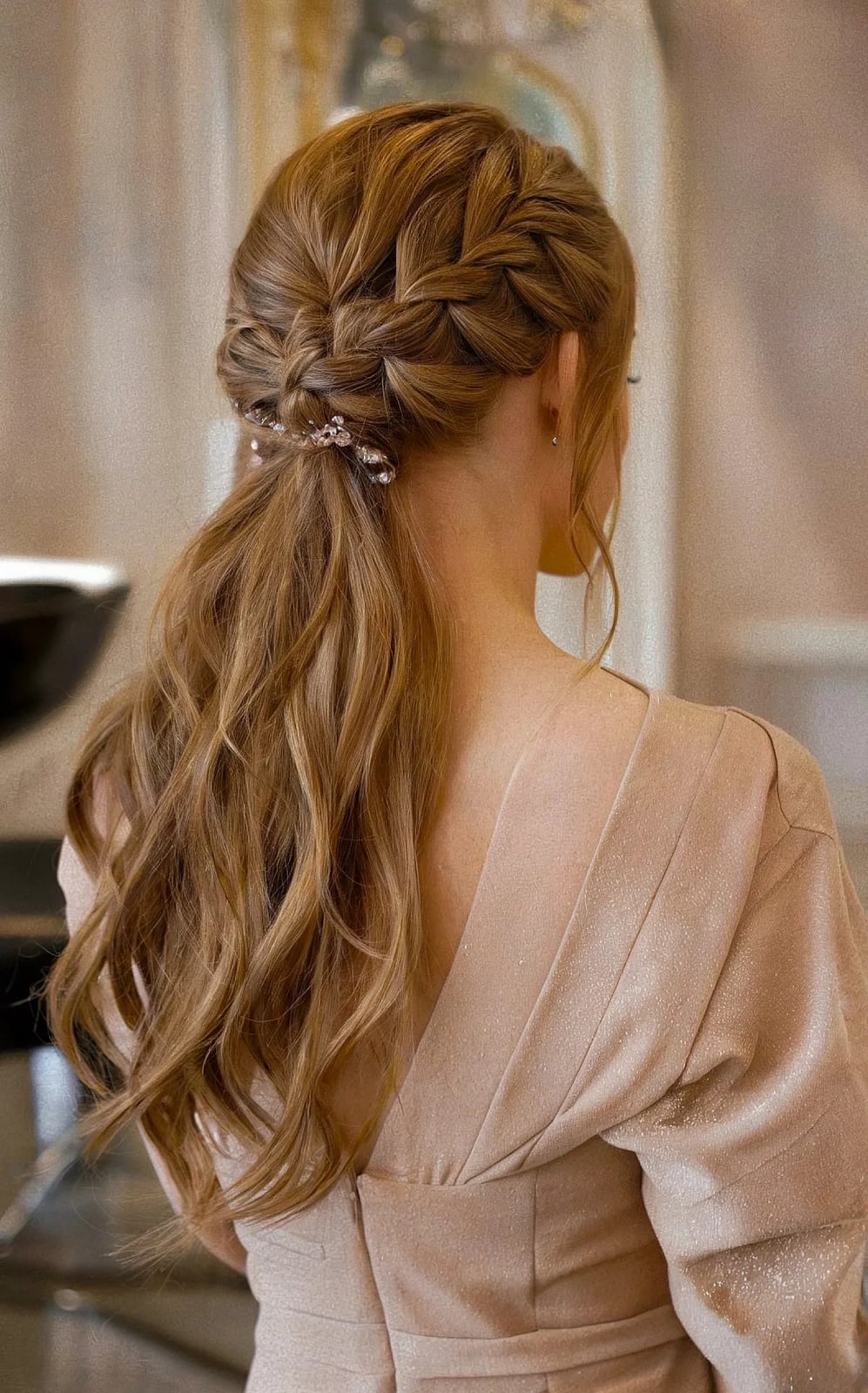 Mid-Back Ash Blonde Ponytail With Braid and Jewel Accessory Mid-Back Ash Blonde Ponytail With Braid and Jewel Accessory — Elegant Low Ponytail Hairstyles
