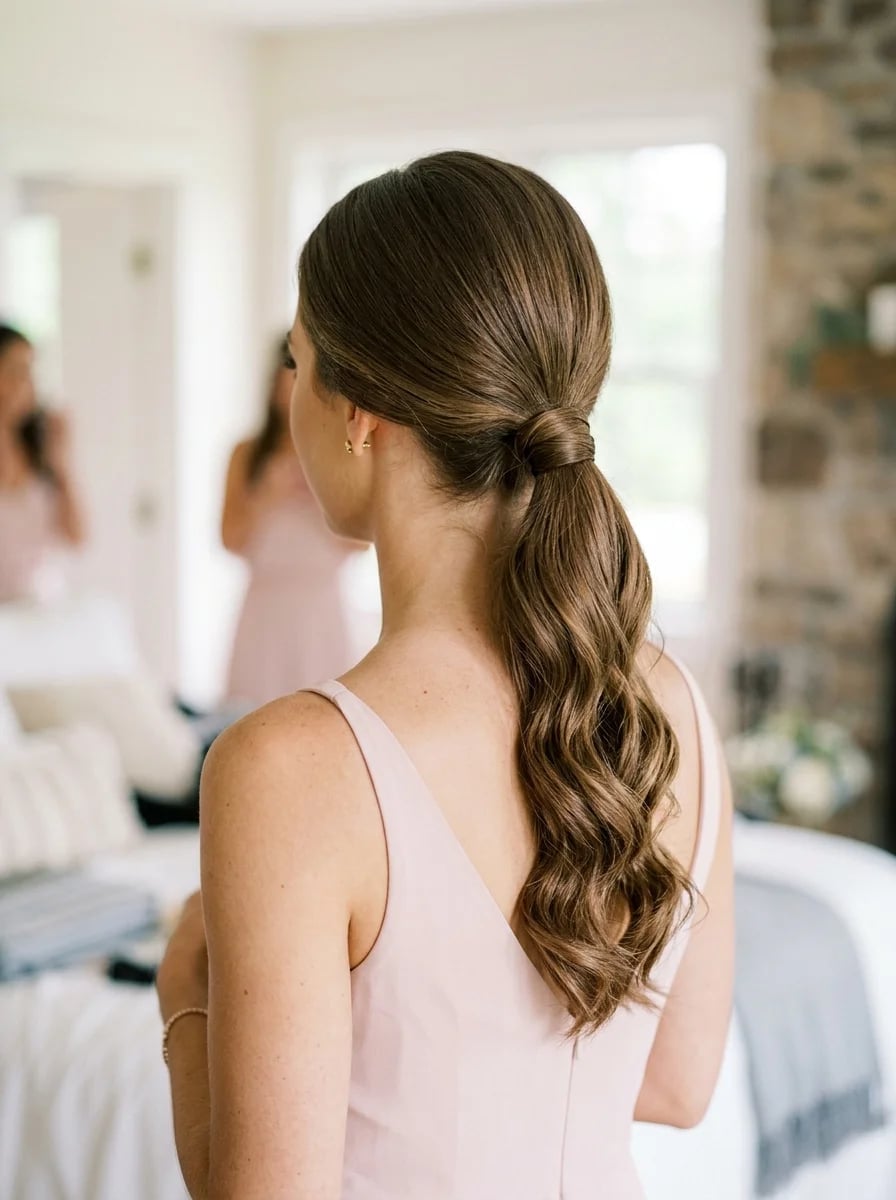 Collarbone Length Wavy Brown Ponytail With Side Part Collarbone Length Wavy Brown Ponytail With Side Part — Elegant Low Ponytail Hairstyles
