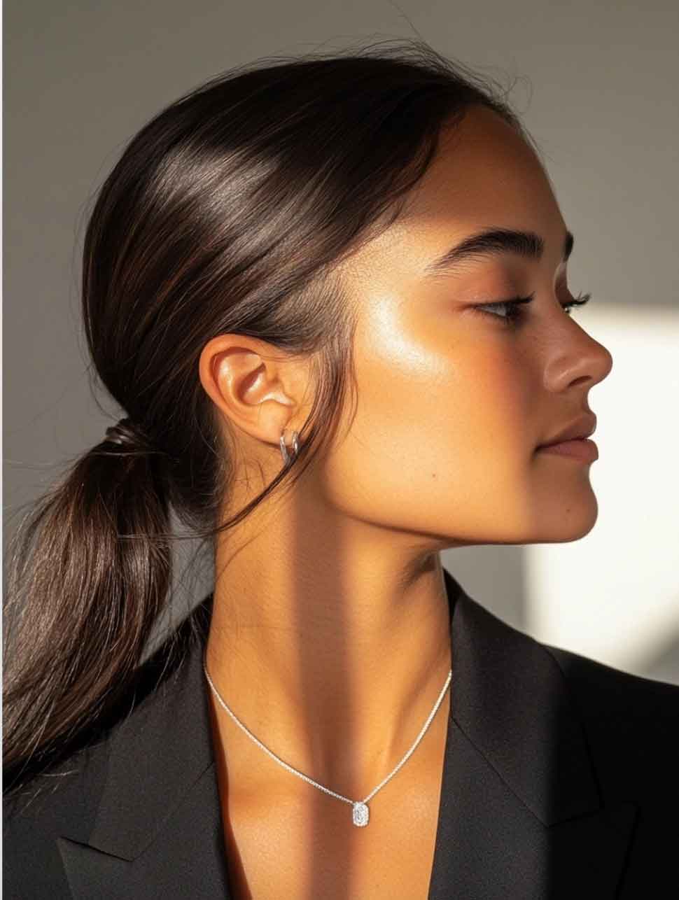 Loose Collarbone Length Dark Brown Ponytail, Close-Up Take Loose Collarbone Length Dark Brown Ponytail, Close-Up Take — Elegant Low Ponytail Hairstyles