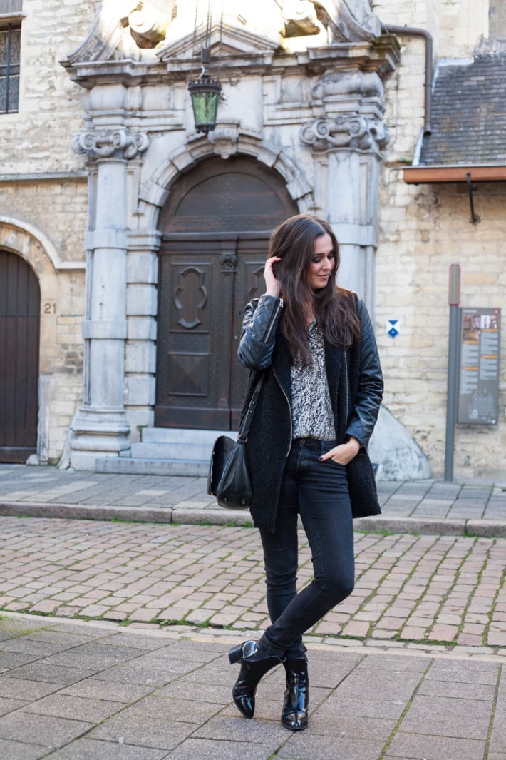 Black Textured Coat Over Leather Jacket and Slim Jeans Black Textured Coat Over Leather Jacket and Slim Jeans — Elegant Rock Outfits