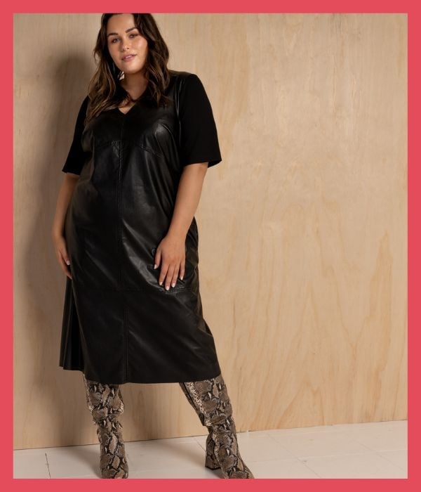 Black Faux Leather A-Line Dress With Snake Print Boots Black Faux Leather A-Line Dress With Snake Print Boots — Elegant Rock Outfits