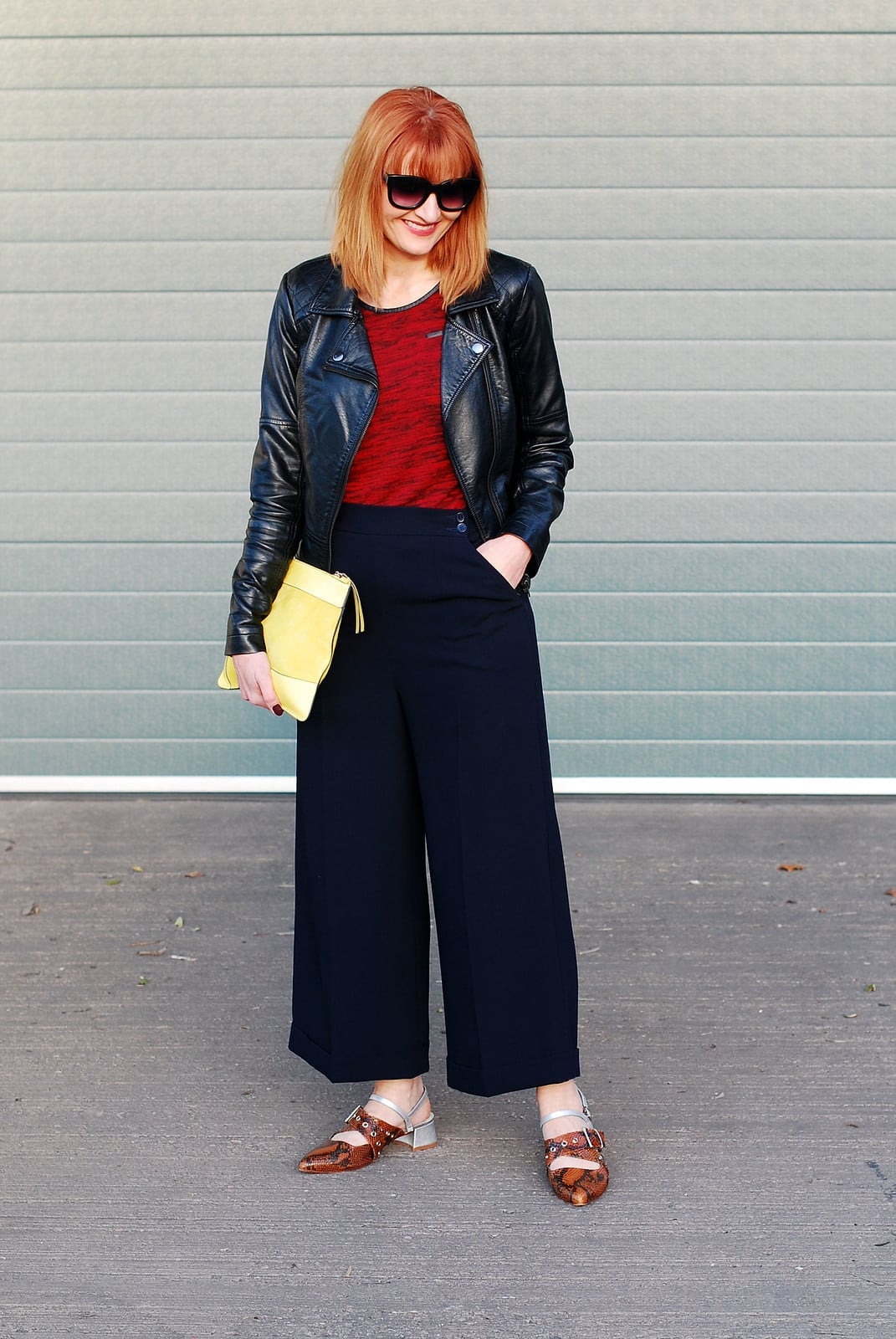 Black Leather Biker Jacket Over Navy Culottes Black Leather Biker Jacket Over Navy Culottes — Elegant Rock Outfits