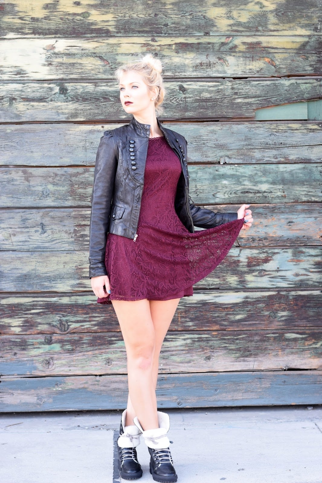 Black Leather Military Jacket Over Burgundy Lace Dress Black Leather Military Jacket Over Burgundy Lace Dress — Elegant Rock Outfits