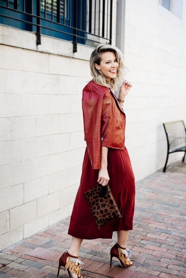 Red Leather Jacket Over Flowing Red Dress Red Leather Jacket Over Flowing Red Dress — Elegant Rock Outfits