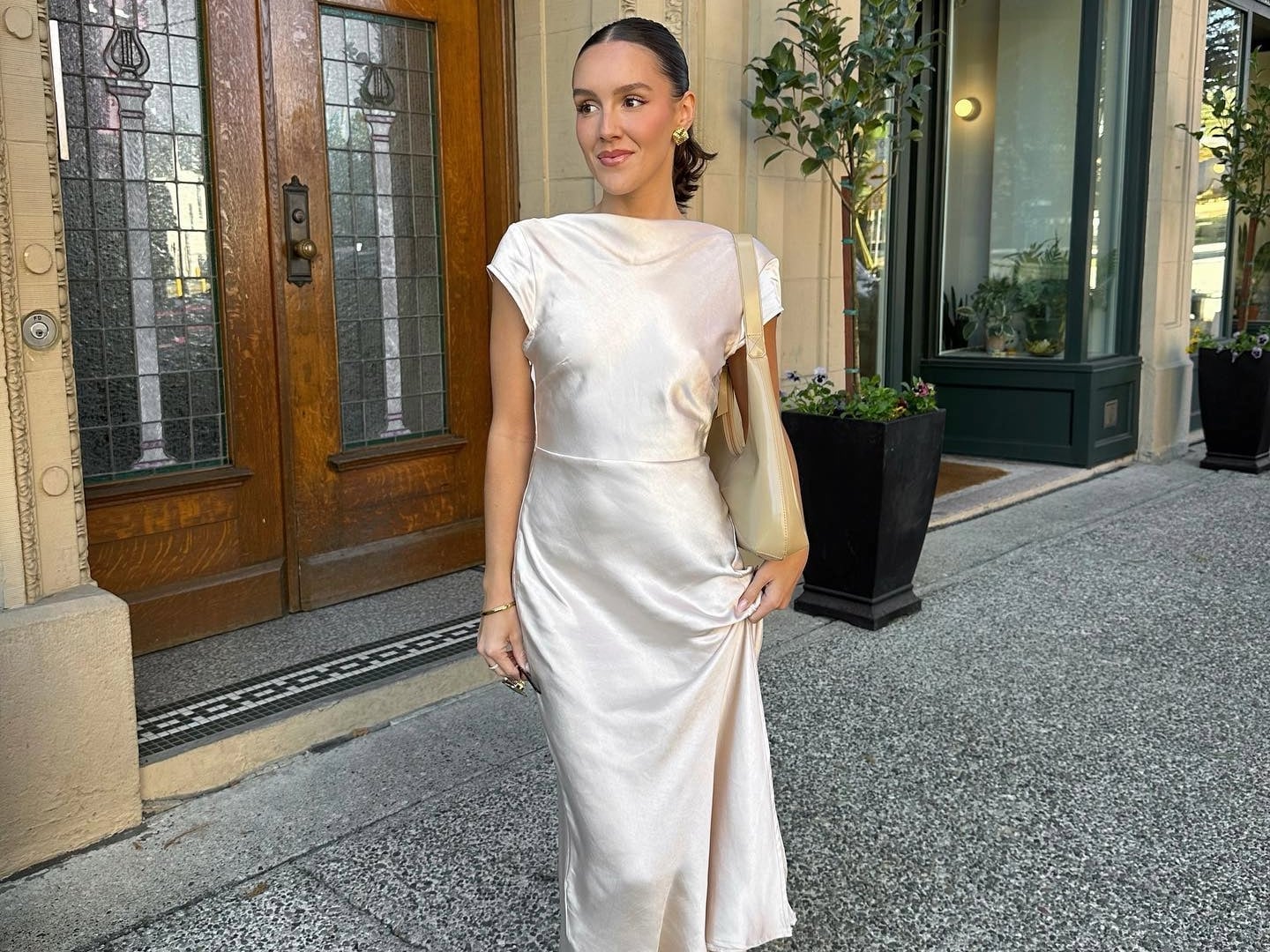 Pale Pink Silk Midi Dress With Cowl Neck — Elegant Silk Dresses
