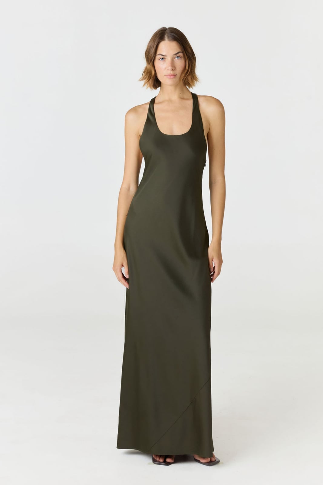 Dark Green Silk Racerback Slip Dress With Open Back — Elegant Silk Dresses
