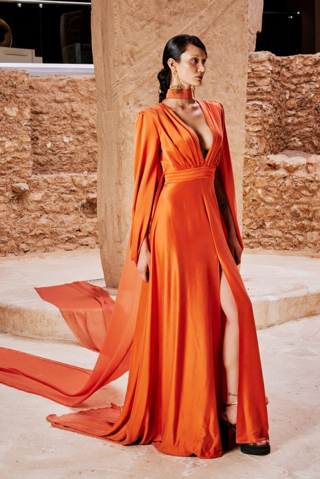 Orange Silk Maxi Dress With Dramatic Cape Sleeves — Elegant Silk Dresses