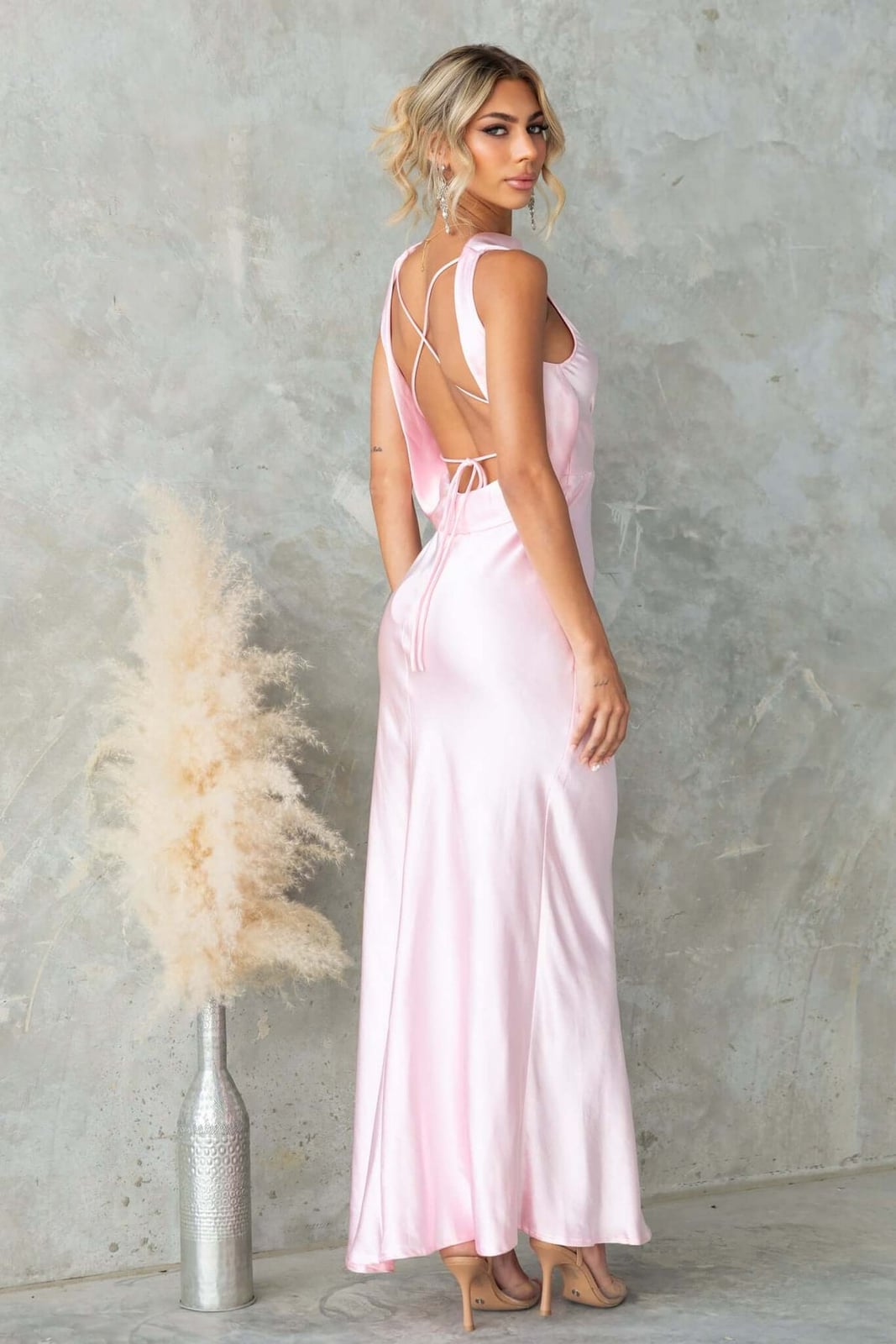 Pale Pink Satin Silk Maxi Dress With Open Back — Elegant Silk Dresses
