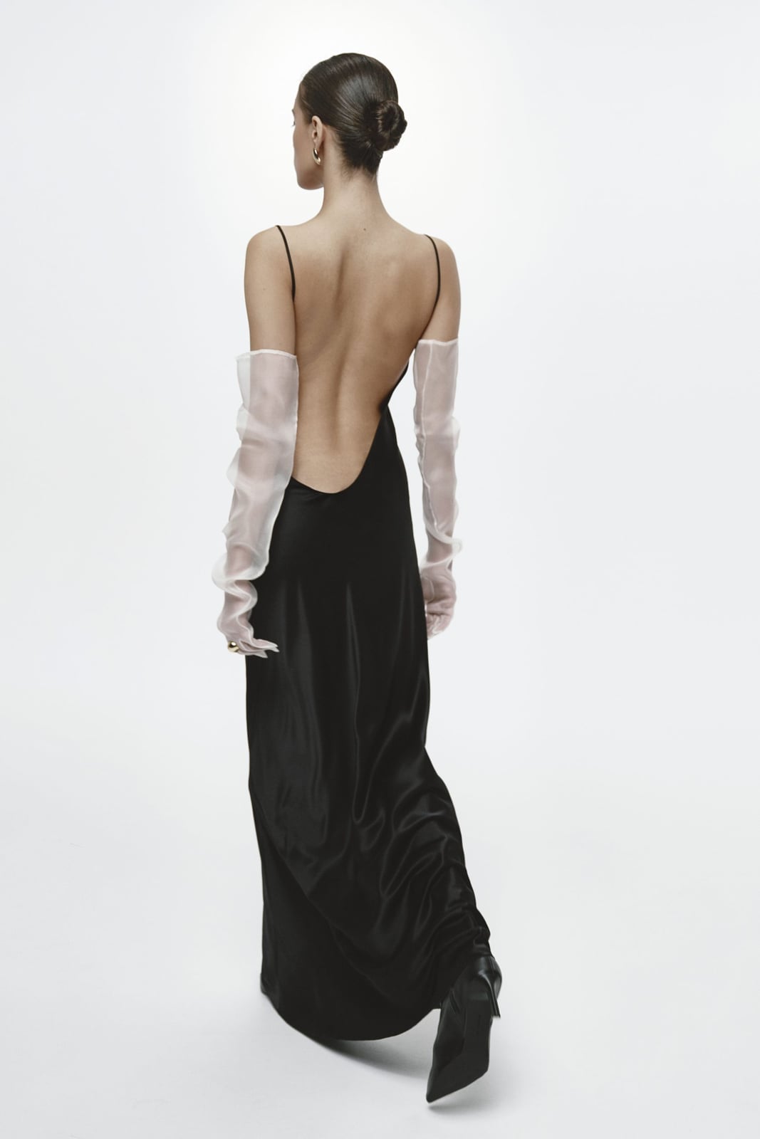 Black Silk Satin Backless Maxi Dress With Sheer Gloves — Elegant Silk Dresses