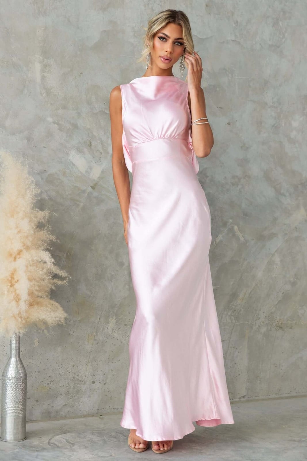Pale Pink Satin Maxi Dress With Draped Cowl Neck — Elegant Silk Dresses