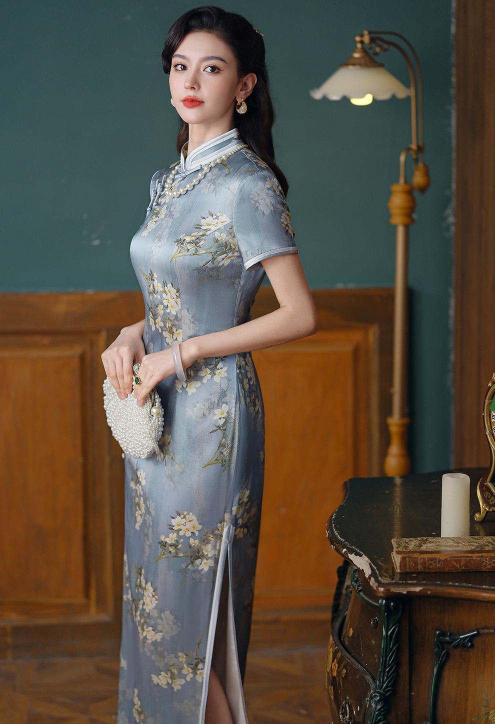 Grey Silk Cheongsam Dress With Floral Print, Close-Up Take — Elegant Silk Dresses
