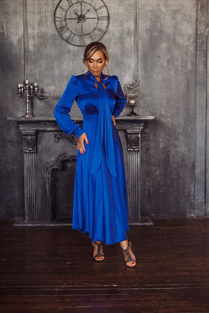 Royal Blue Silk Midi Dress With Neckline Tie, Office-Safe Version — Elegant Silk Dresses