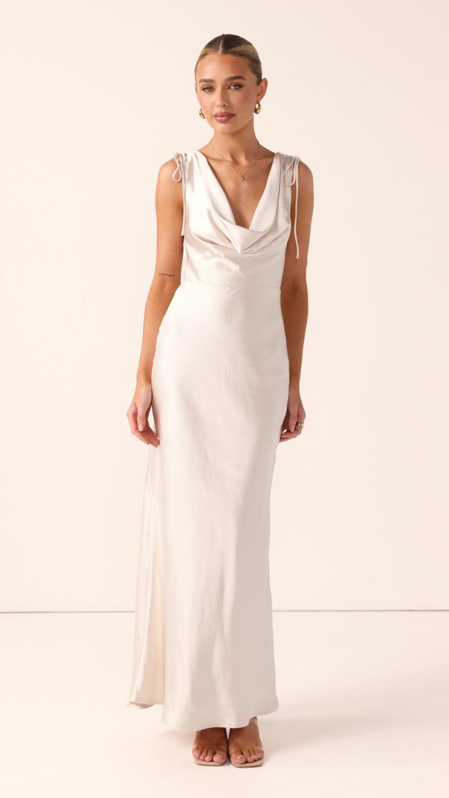 Champagne Satin Cowl Neck Maxi Dress With Thin Straps — Elegant Silk Dresses