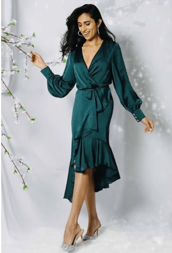 Deep Teal Green Satin Wrap Dress With Ruffled Hem — Elegant Silk Dresses