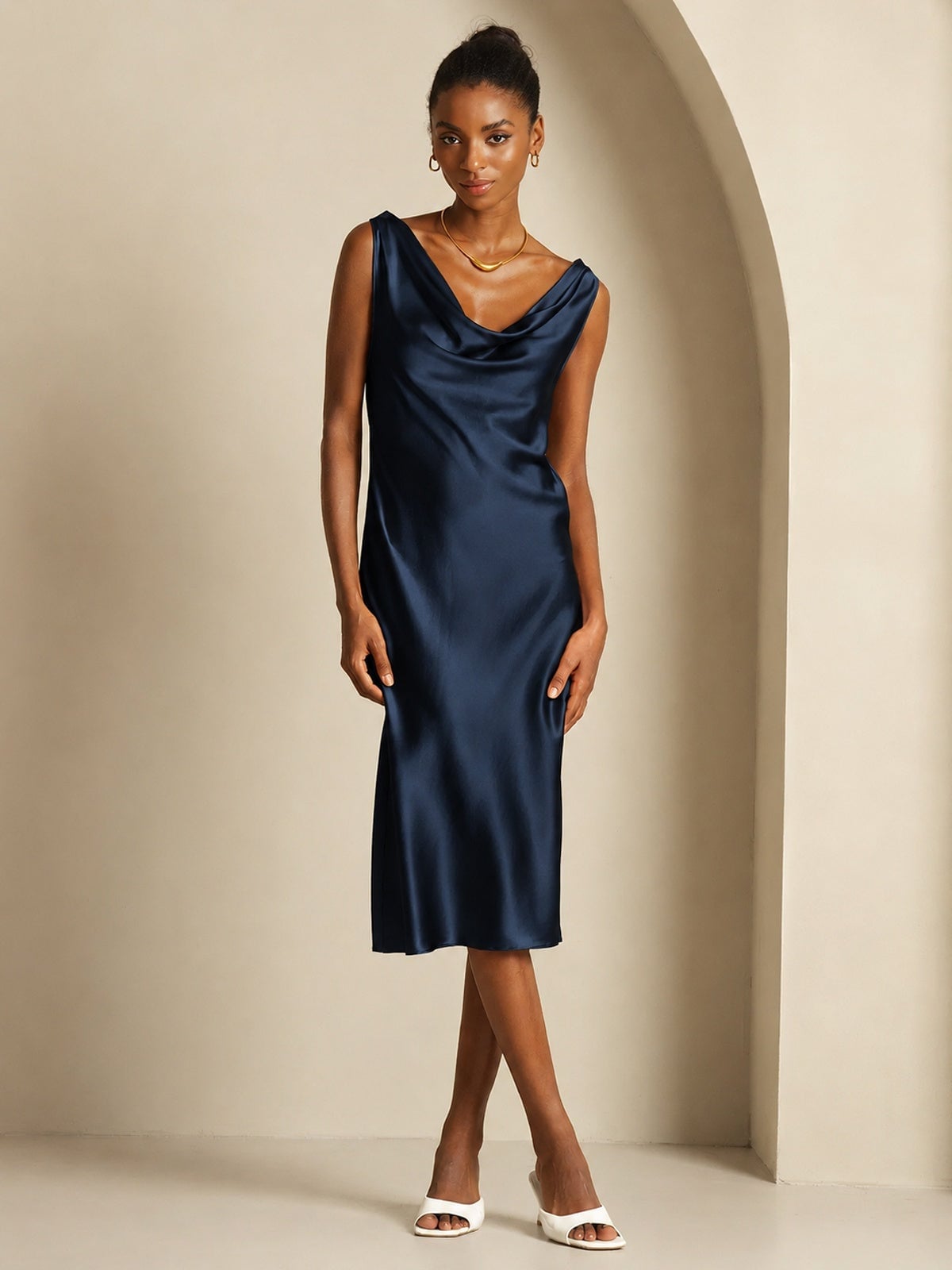 Navy Silk Cowl Neck Dress With A-Line Silhouette — Elegant Silk Dresses