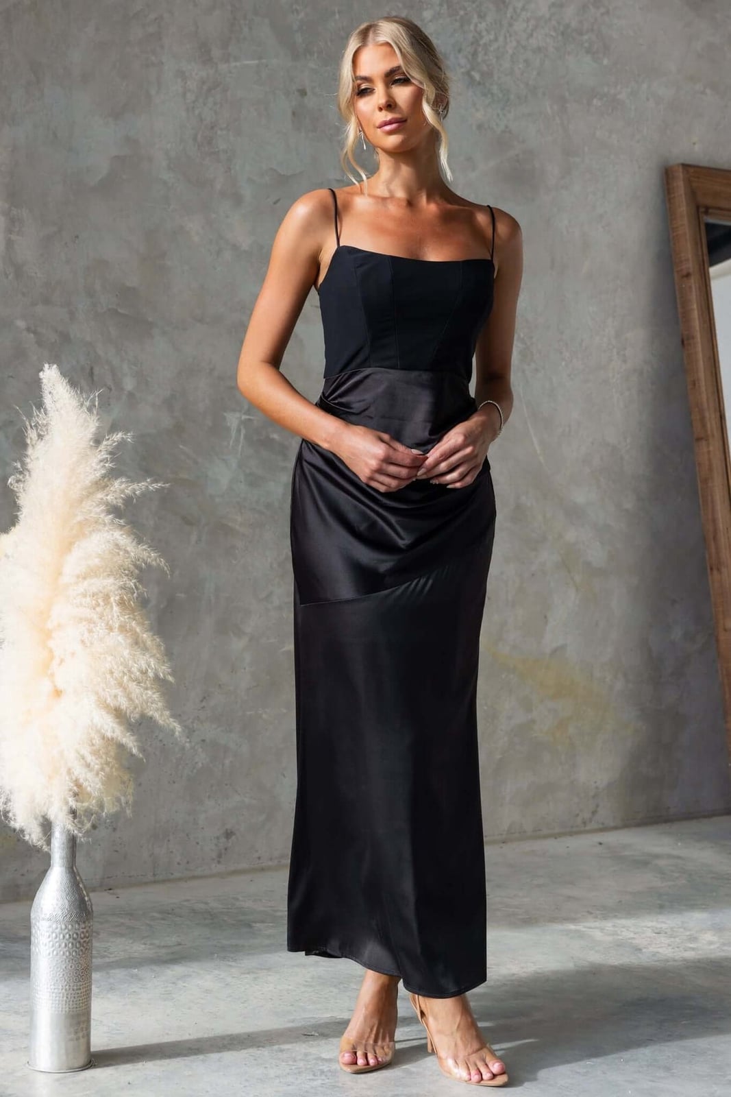 Black Textured Bodice Dress With Flowing Satin Skirt — Elegant Silk Dresses